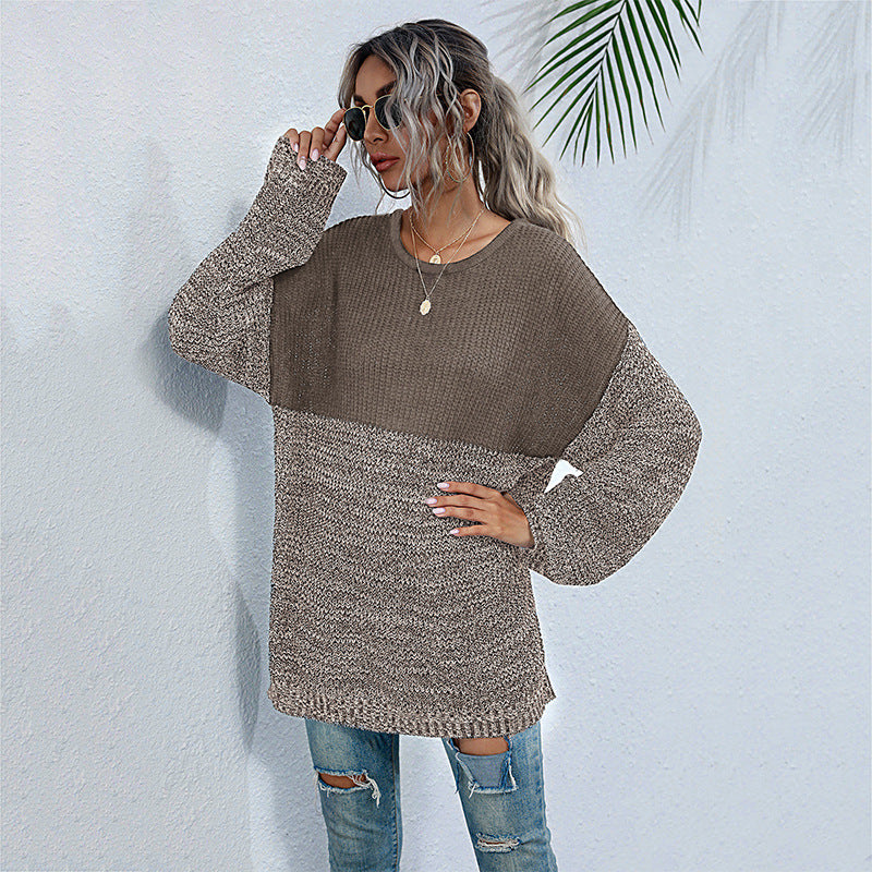 Damen Oversize-Strickpullover im Melange-Blockdesign mit Rundhalsausschnitt & verlängertem Saum Echoarchiv
