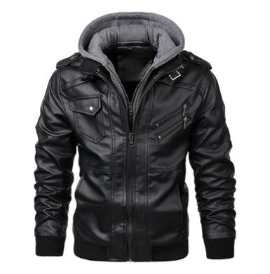 Herren Kunstlederjacke mit abnehmbarer Kapuze und mehreren Reißverschlusstaschen Echoarchiv