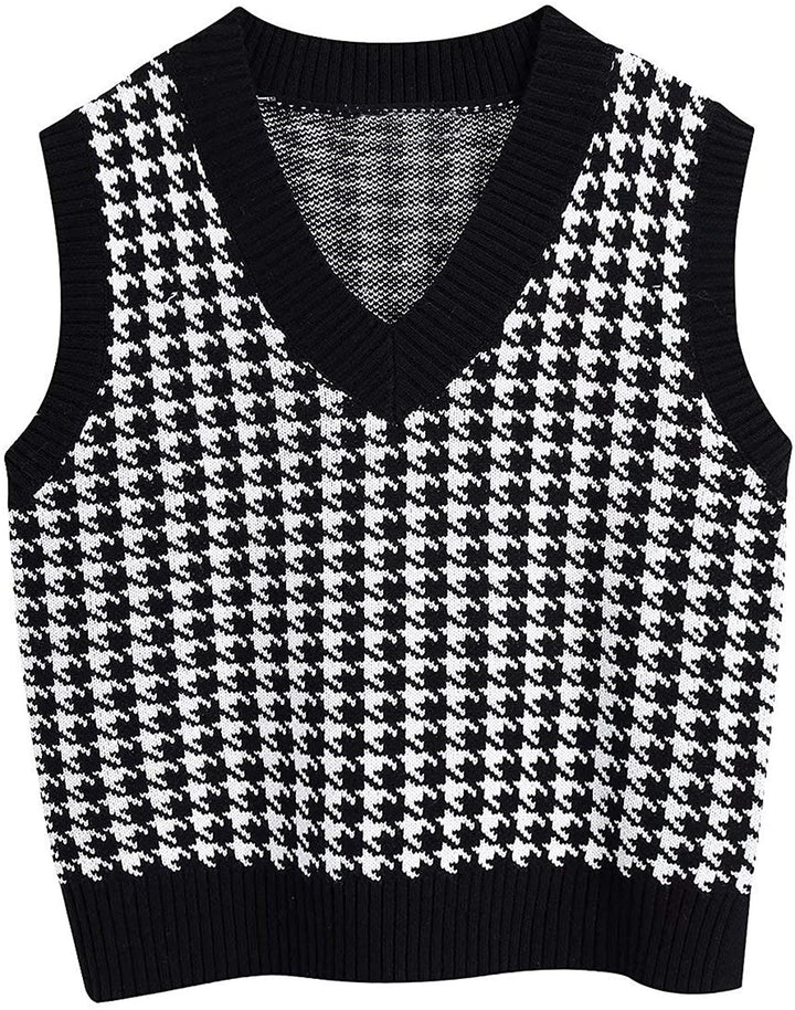 Damen Strickweste mit Hahnentritt-Muster, V-Ausschnitt und geripptem Saum Echo Archiv