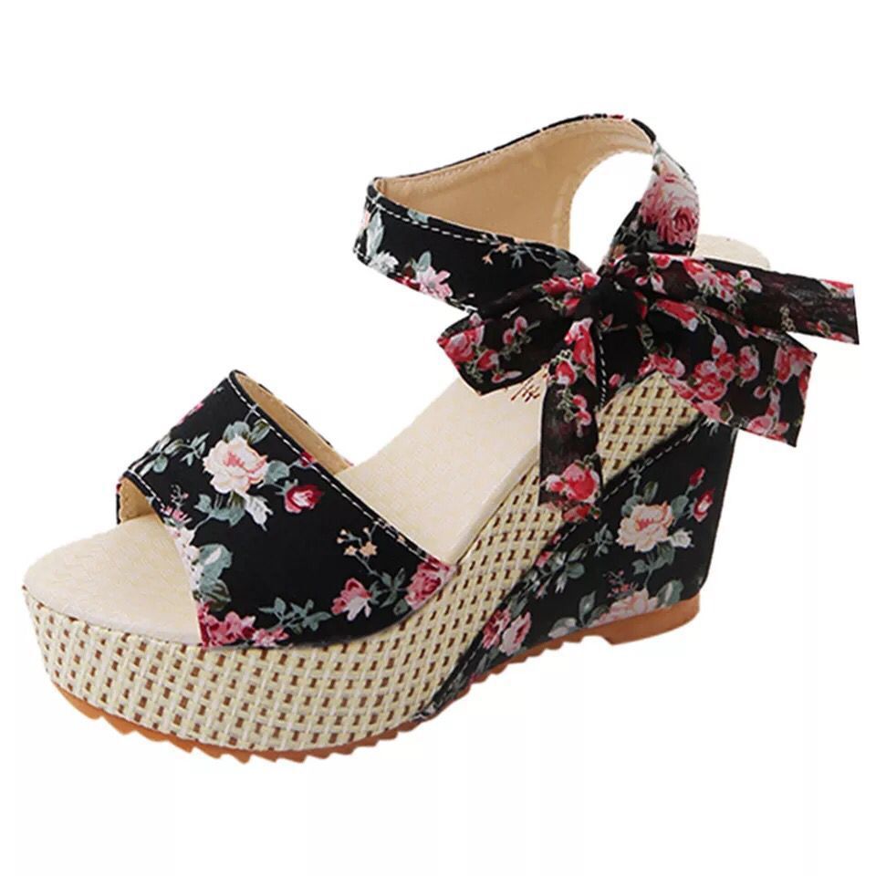 Damen nan romantische Spitzen-Keilabsatzsandalen mit Bast-Plateau und Zierschleife Echo Archiv