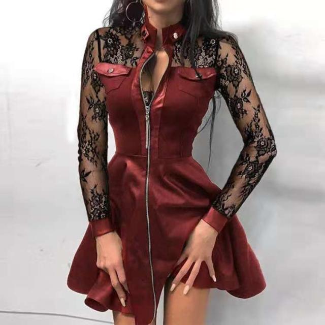 Damen nan tailliertes Mini-Kleid mit Hahnentritt-Oberteil, Kunstleder-Rock, Stehkragen und durchgehendem Reißverschluss Echo Archiv