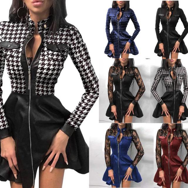 Damen nan tailliertes Mini-Kleid mit Hahnentritt-Oberteil, Kunstleder-Rock, Stehkragen und durchgehendem Reißverschluss Echo Archiv