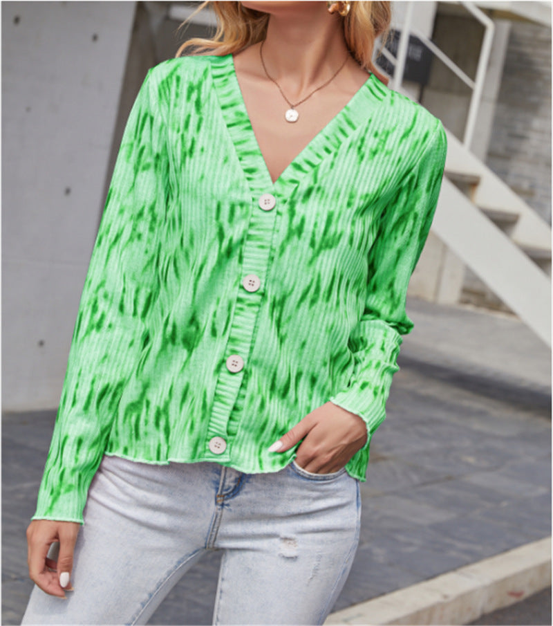 Damen Leichter Gerippter V-Neck Cardigan mit Knopfleiste und Batik‑Optik – Veloura