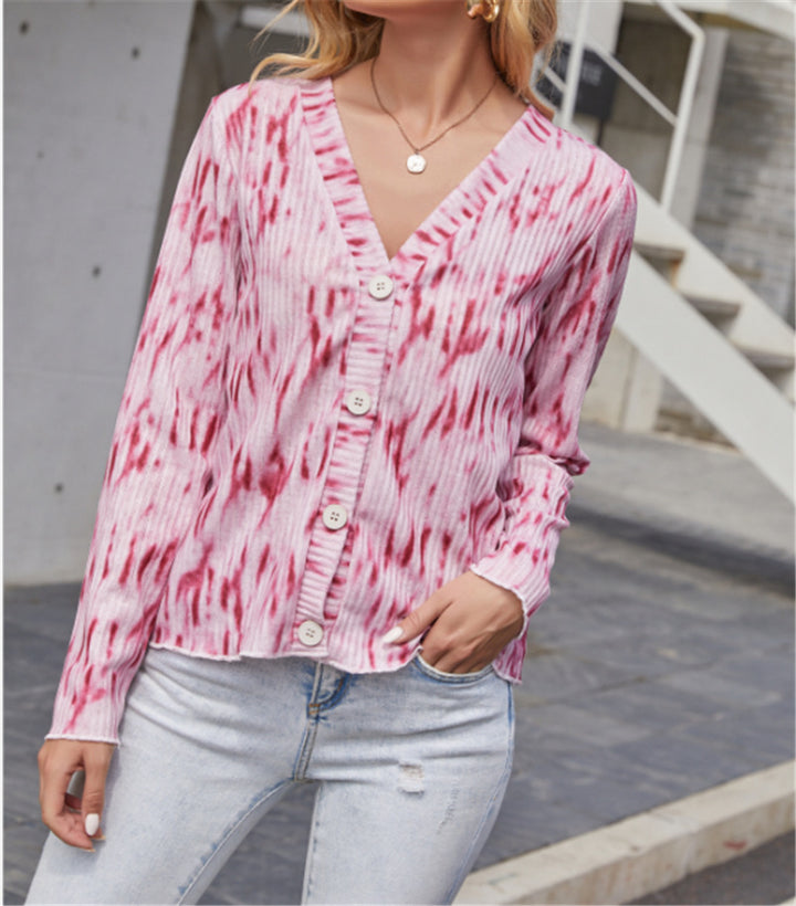 Damen Leichter Gerippter V-Neck Cardigan mit Knopfleiste und Batik‑Optik – Veloura