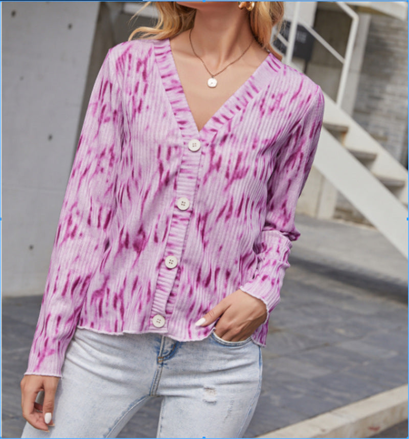 Damen Leichter Gerippter V-Neck Cardigan mit Knopfleiste und Batik‑Optik – Veloura