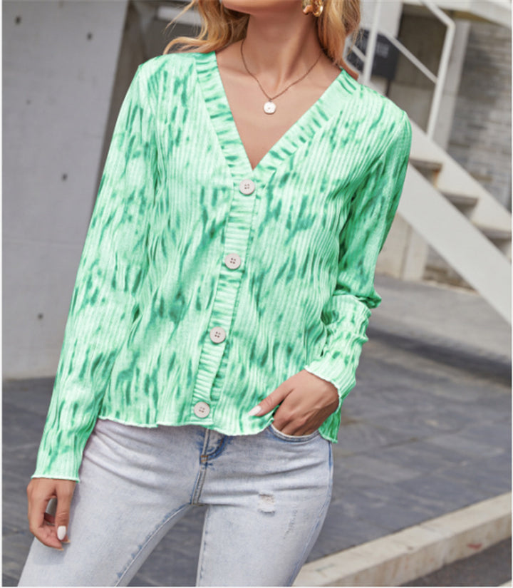 Damen Leichter Gerippter V-Neck Cardigan mit Knopfleiste und Batik‑Optik – Veloura
