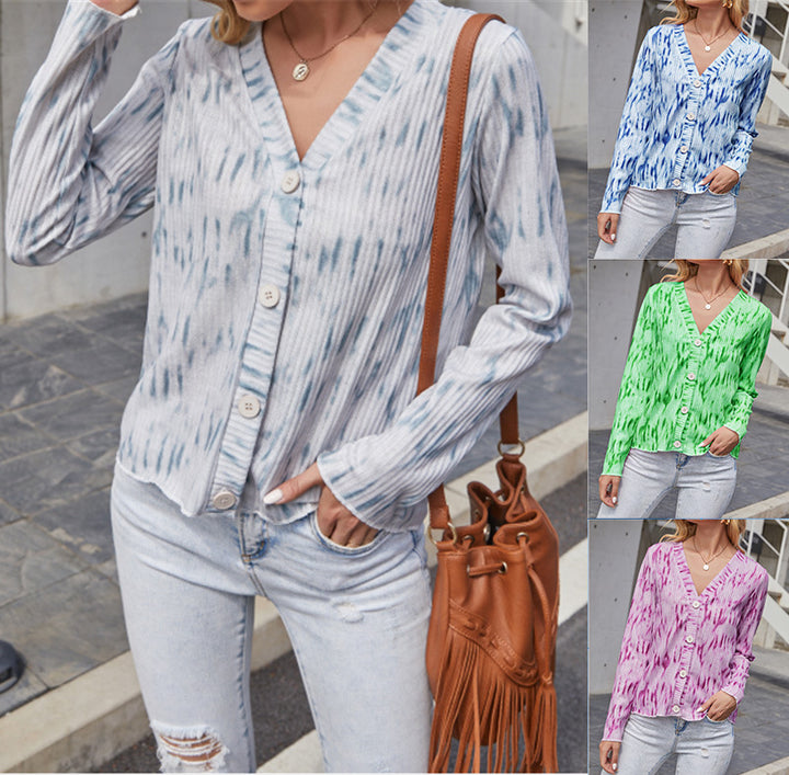 Damen Leichter Gerippter V-Neck Cardigan mit Knopfleiste und Batik‑Optik – Veloura