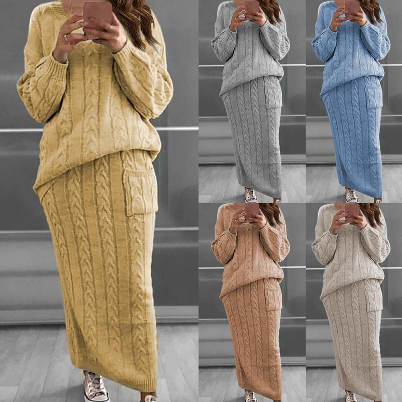 Damen nan Strickset Oversized Zopfmuster-Pullover und Maxi-Bleistiftrock mit aufgesetzter Tasche Echo Archiv