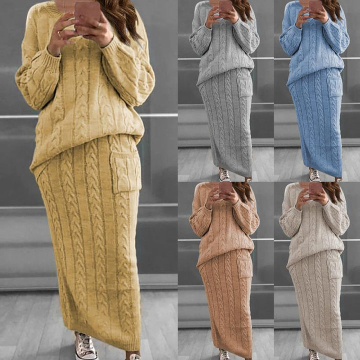 Damen nan Strickset Oversized Zopfmuster-Pullover und Maxi-Bleistiftrock mit aufgesetzter Tasche Echo Archiv