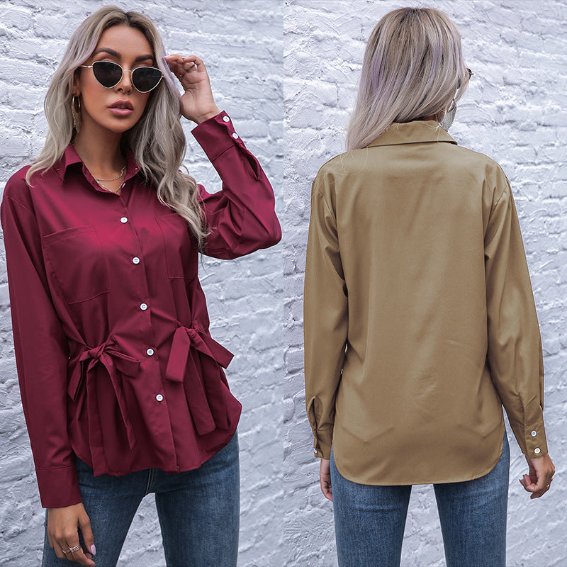 Damen Taillierte Hemdbluse mit doppelter Schleifen-Taille und Brusttaschen Echoarchiv