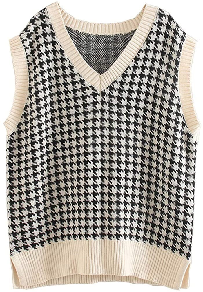 Damen Strickweste mit Hahnentritt-Muster, V-Ausschnitt und geripptem Saum Echo Archiv