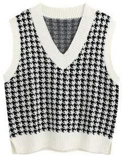 Damen Strickweste mit Hahnentritt-Muster, V-Ausschnitt und geripptem Saum Echo Archiv