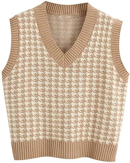 Damen Strickweste mit Hahnentritt-Muster, V-Ausschnitt und geripptem Saum Echo Archiv