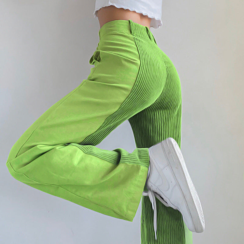 Damen Hochtaillierte Wide‑Leg Hose mit Kontrast‑Cordfrontpanel und geradem Bein Echoarchiv
