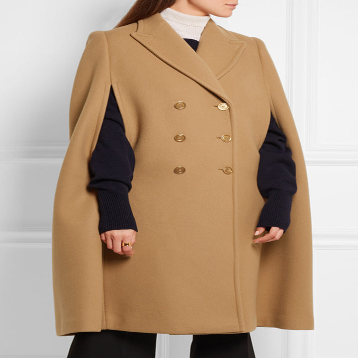 Damen taillierter Wollmix-Cape-Mantel mit verdeckten Armöffnungen und Zweireiher-Tailoring Echoarchiv