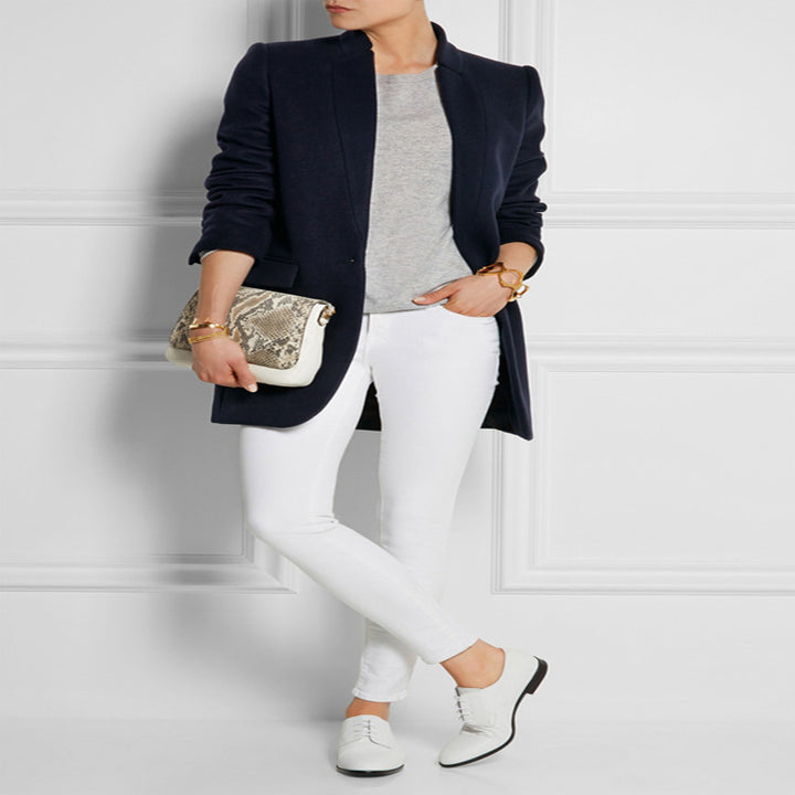 Damen Midilanger strukturiertes Longblazer‑Mantel mit schmalem Stehkragen und Pattentaschen Echoarchiv