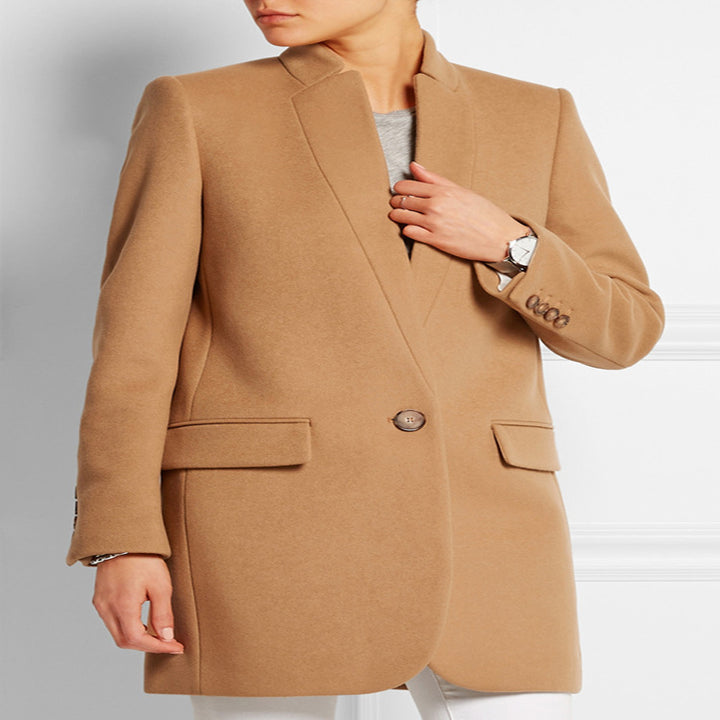 Damen Midilanger strukturiertes Longblazer‑Mantel mit schmalem Stehkragen und Pattentaschen Echoarchiv
