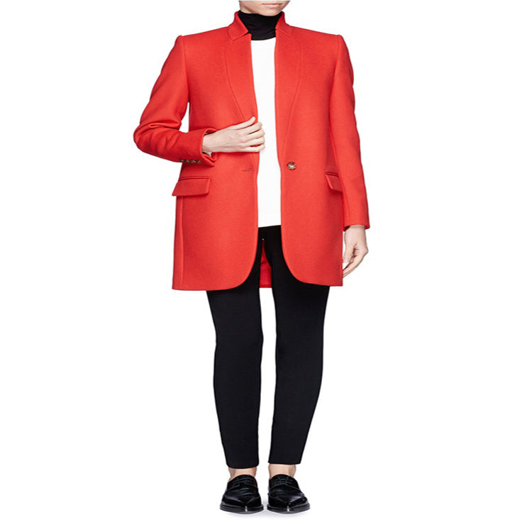 Damen Midilanger strukturiertes Longblazer‑Mantel mit schmalem Stehkragen und Pattentaschen Echoarchiv