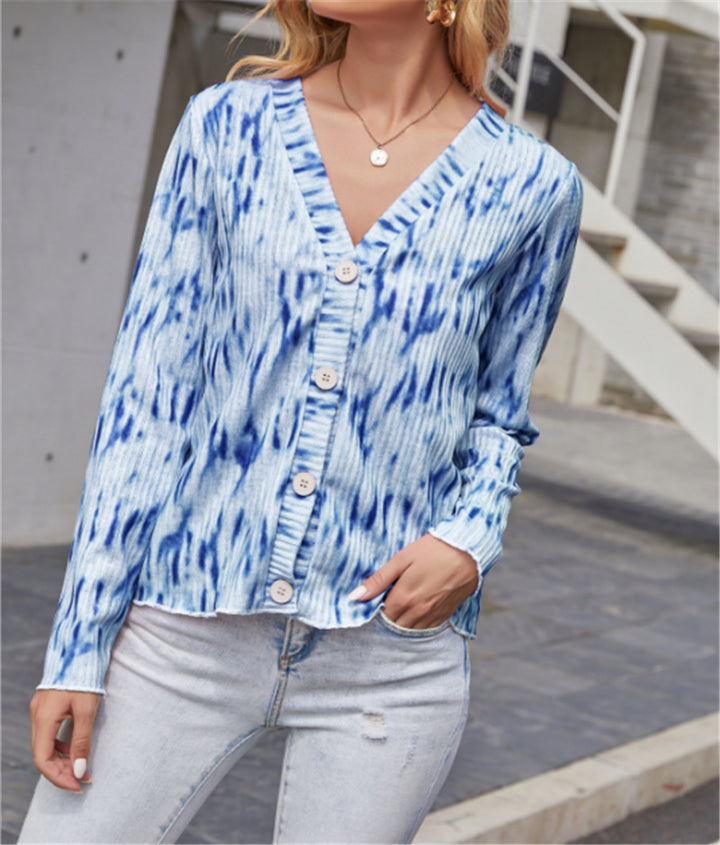 Damen Leichter Gerippter V-Neck Cardigan mit Knopfleiste und Batik‑Optik – Veloura