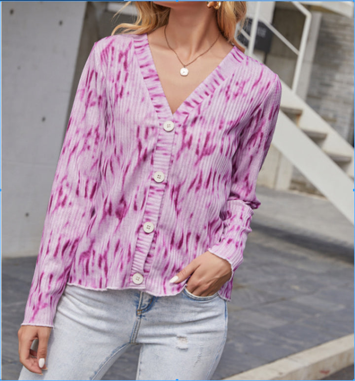 Damen Leichter Gerippter V-Neck Cardigan mit Knopfleiste und Batik‑Optik – Veloura