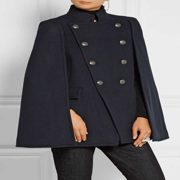 Damen Kurzer Cape-Mantel im Military‑Stil mit Doppelreihe und Stehkragen Echoarchiv