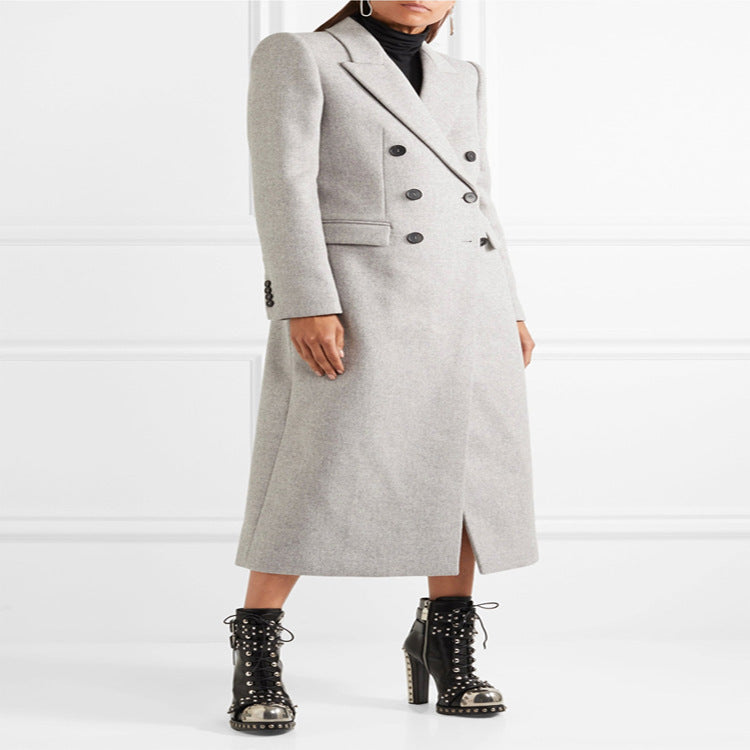 Damen Doppelreihiger Taillierter Wollmix‑Longcoat im schlanken Tailoring‑Stil Echoarchiv