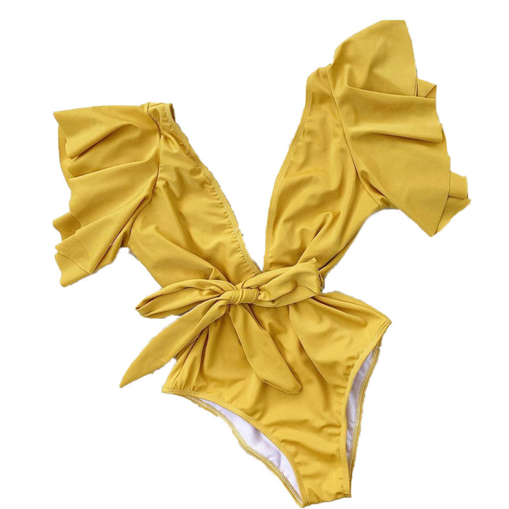 Damen Eleganter Badeanzug mit Volantärmeln und Taillengürtel Echo Archiv