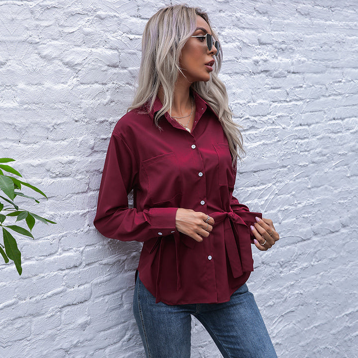 Damen Taillierte Hemdbluse mit doppelter Schleifen-Taille und Brusttaschen Echoarchiv