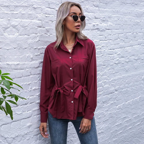 Damen Taillierte Hemdbluse mit doppelter Schleifen-Taille und Brusttaschen Echoarchiv