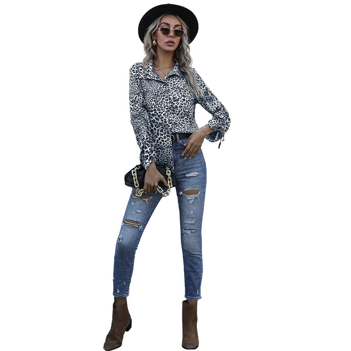 Damen Viskose-Hemdbluse mit Leoprint, Knotenärmeln und lockerer Silhouette Echoarchiv