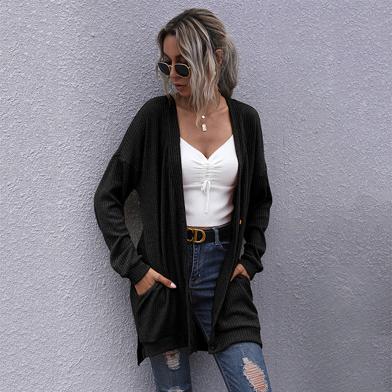 Damen Langer Oversize Strickcardigan mit Strukturstrick, offenen Taschen und lässigem Schnitt Echoarchiv