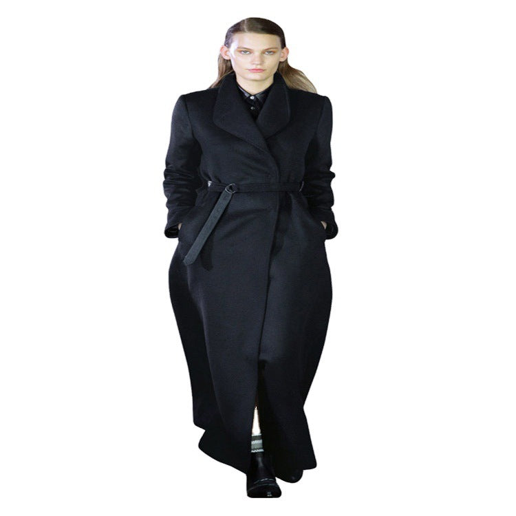 Damen Maxilanger taillierter Wickel-Longcoat mit Schalkragen und feinem Bindegürtel Echoarchiv