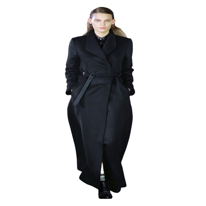 Damen Maxilanger taillierter Wickel-Longcoat mit Schalkragen und feinem Bindegürtel Echoarchiv