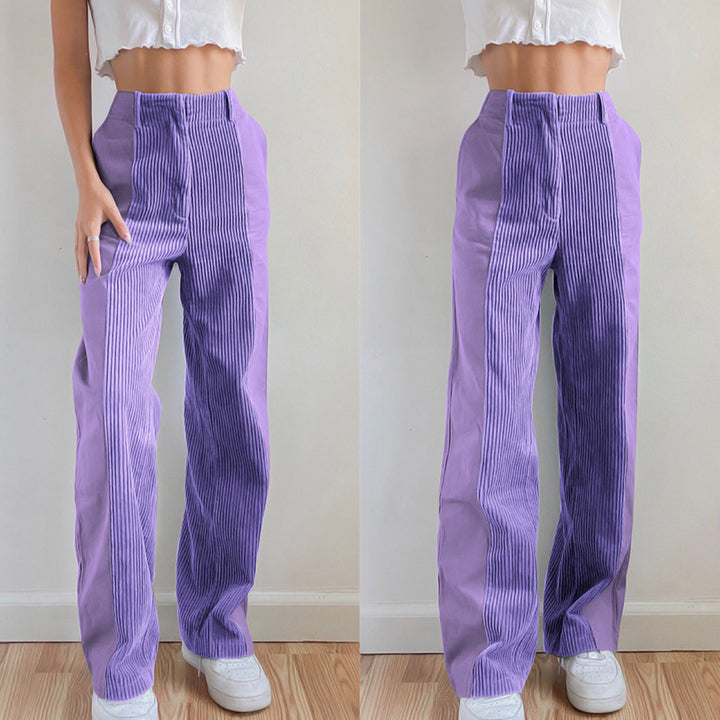Damen Hochtaillierte Wide‑Leg Hose mit Kontrast‑Cordfrontpanel und geradem Bein Echoarchiv