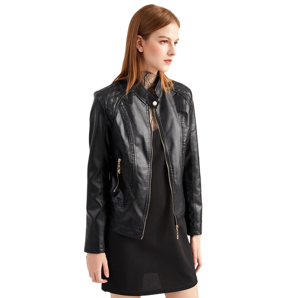 Damen nan taillierte Kunstleder Bikerjacke mit Stehkragen und gesteppter Schulterpartie Echo Archiv