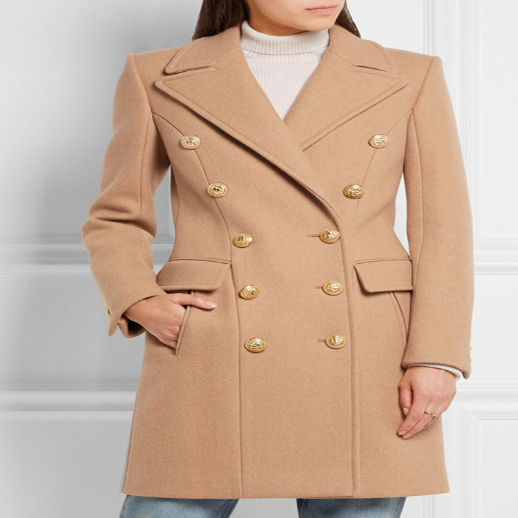 Damen Wollmix‑Longcoat im Marine‑Tailoring mit konturierter Taillierung und goldenen Zierrundknöpfen Echoarchiv