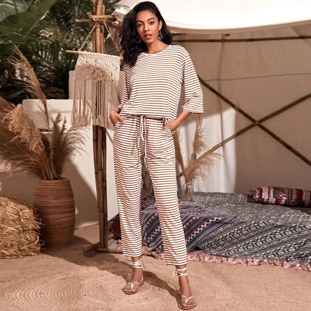 Damen Jersey-Loungehose mit elastischem Bund Tunnelzug Eingrifftaschen geradem Bein – Avélisse