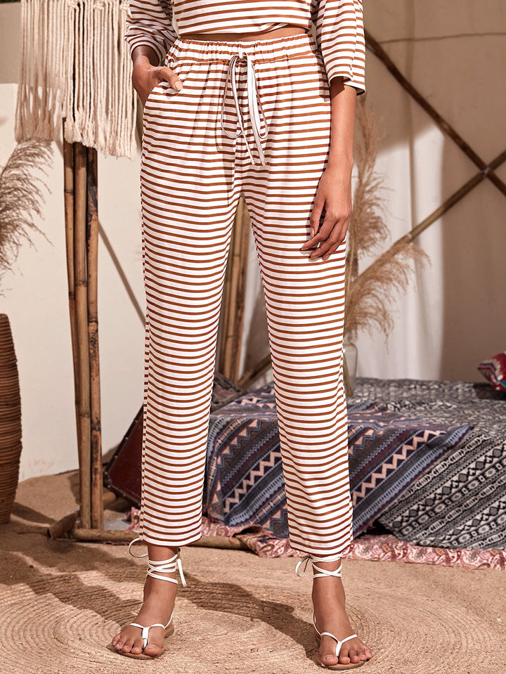 Damen Jersey-Loungehose mit elastischem Bund Tunnelzug Eingrifftaschen geradem Bein – Avélisse