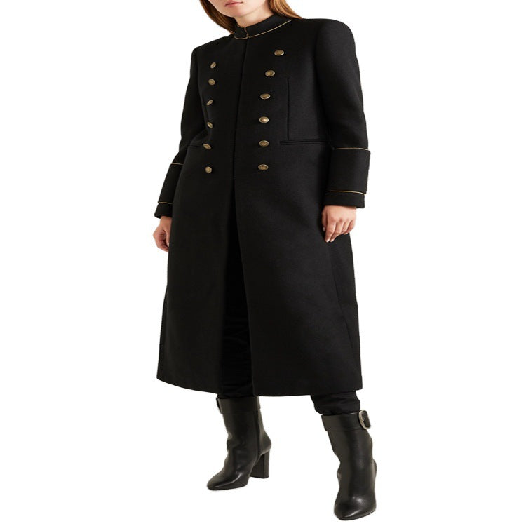 Damen Langer Militärischer Wollmantel mit goldenen Zierknöpfen und Stehkragen Echoarchiv