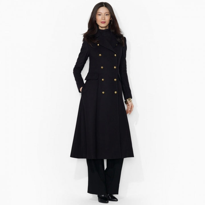 Damen Figurbetonter Maxilanger Mantel im ausgestellten A‑Linien‑Tailoring mit goldenen Zierknöpfen Echoarchiv