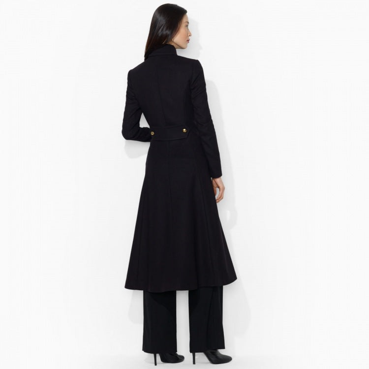 Damen Figurbetonter Maxilanger Mantel im ausgestellten A‑Linien‑Tailoring mit goldenen Zierknöpfen Echoarchiv