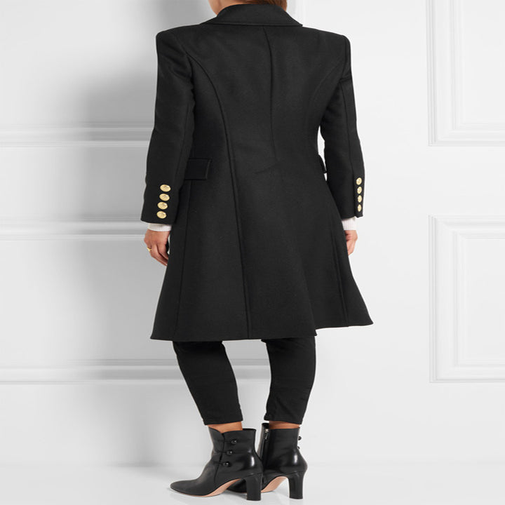 Damen Asymmetrischer Midilanger Wollmix-Mantel mit doppeltreihiger Knopfleiste und goldenen Zierknöpfen Echoarchiv