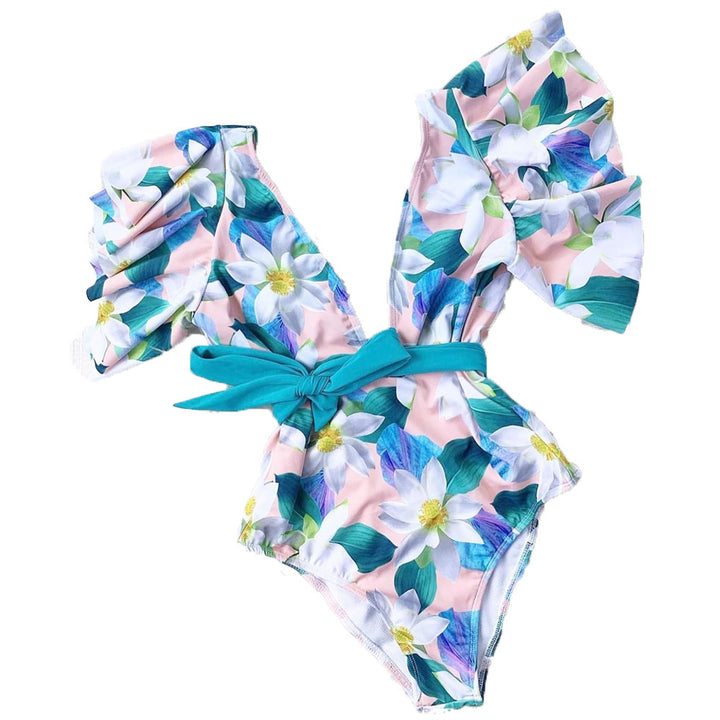 Damen Eleganter Badeanzug mit Volantärmeln und Taillengürtel Echo Archiv