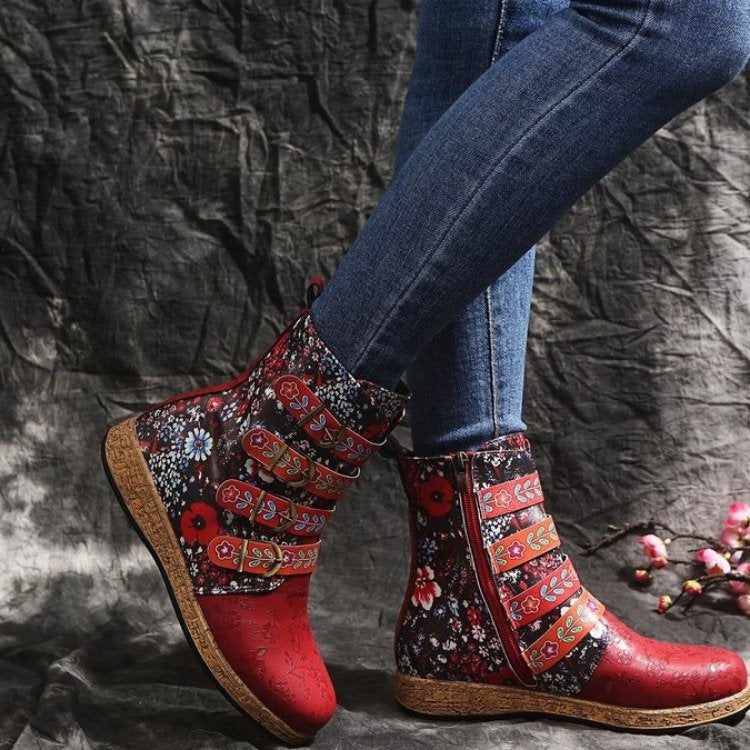 Damen nan verspielte knöchelhohe Stiefelette mit floraler Prägung, vier verstellbaren Zierriemen und Korkoptik-Sohle Echo Archiv