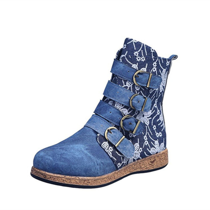 Damen nan verspielte knöchelhohe Stiefelette mit floraler Prägung, vier verstellbaren Zierriemen und Korkoptik-Sohle Echo Archiv