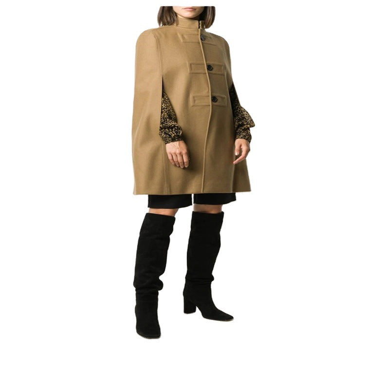 Damen Wollmix‑Cape mit Stehkragen, verdeckten Armöffnungen und puristischem Tailoring Echoarchiv