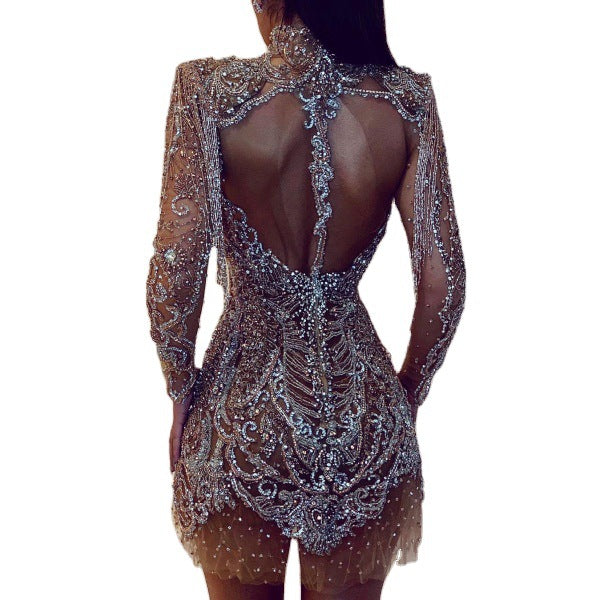 Damen Glamouröses Pailletten-Minikleid mit hochgeschlossenem Design und transparenten Ärmeln Echoarchiv