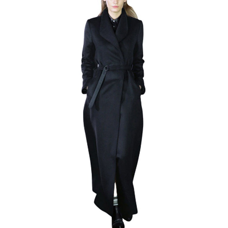 Damen Maxilanger taillierter Wickel-Longcoat mit Schalkragen und feinem Bindegürtel Echoarchiv
