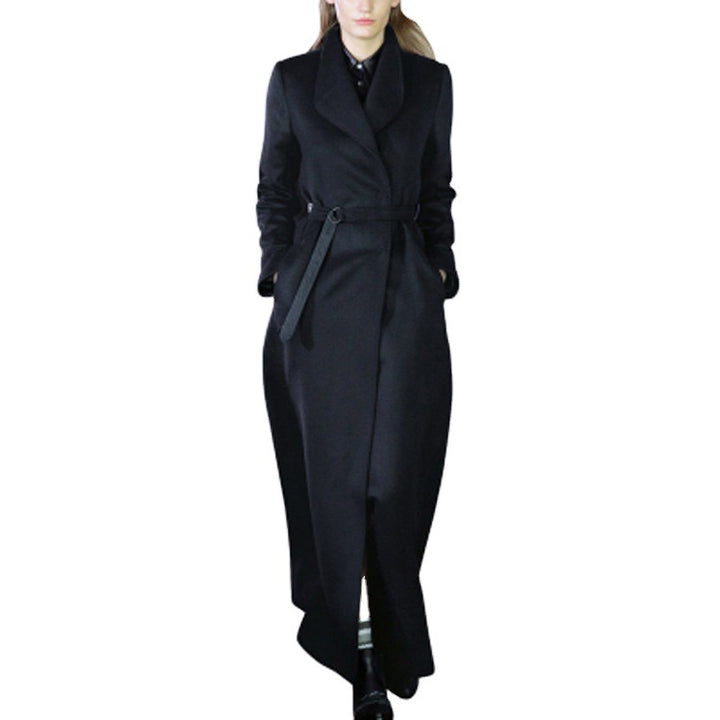 Damen Maxilanger taillierter Wickel-Longcoat mit Schalkragen und feinem Bindegürtel Echoarchiv