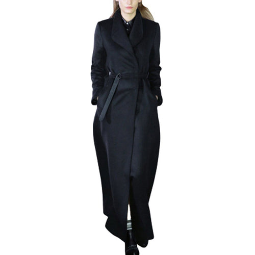 Damen Maxilanger taillierter Wickel-Longcoat mit Schalkragen und feinem Bindegürtel Echoarchiv